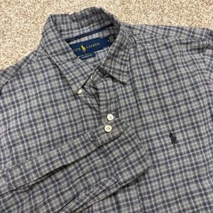 Ralph Lauren Button Down Shirt Mens M Grey Blue Plaid Classic Fit Long Sleeve